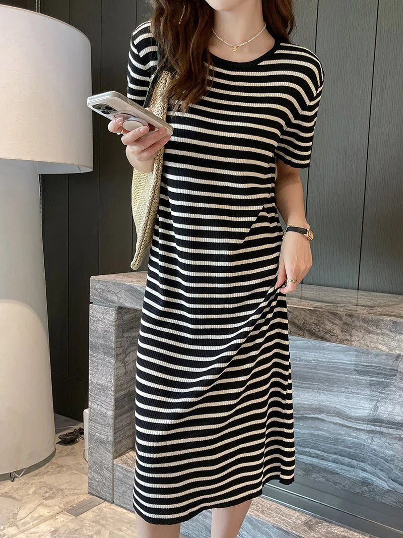 Crew-neck Short-sleeve Striped Dress For Petite Figures