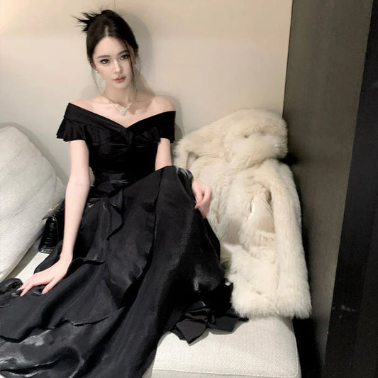 French-style Black Off-shoulder Luxury Dress