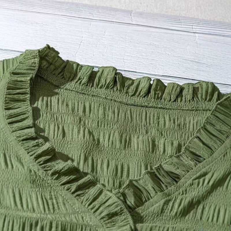 New Women's V-neck Ruffled Short-sleeve Blouse Loose