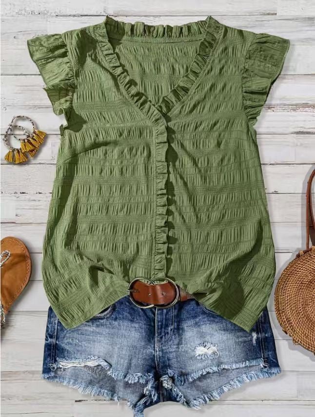 New Women's V-neck Ruffled Short-sleeve Blouse Loose