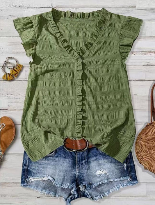 New Women's V-neck Ruffled Short-sleeve Blouse Loose