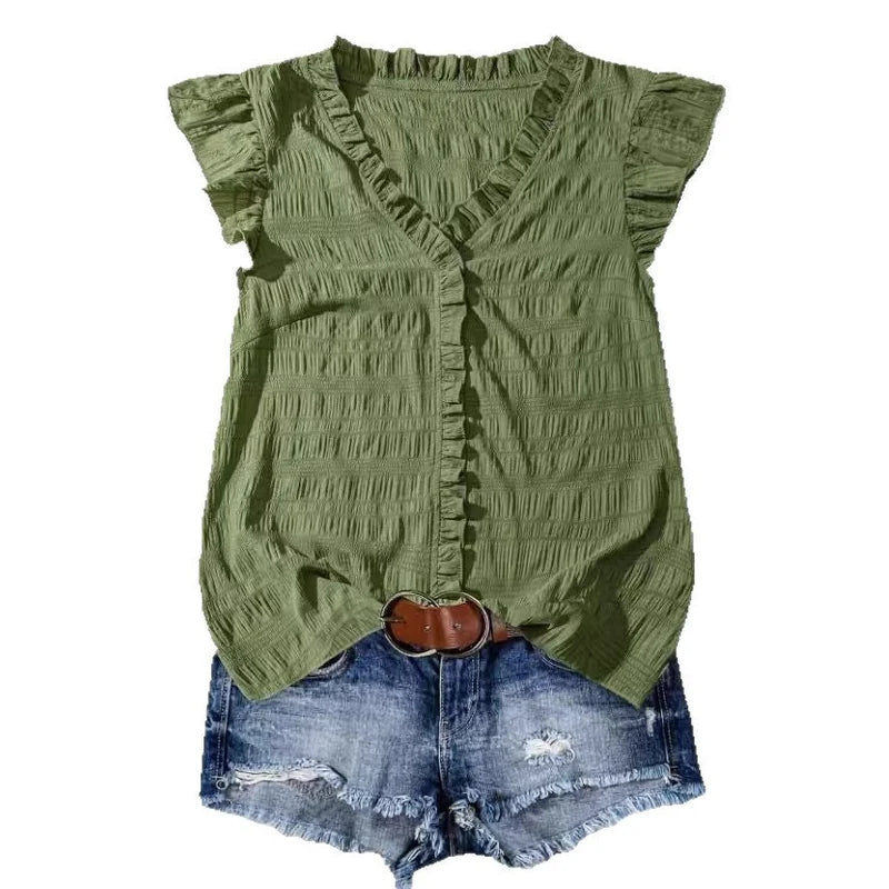 New Women's V-neck Ruffled Short-sleeve Blouse Loose