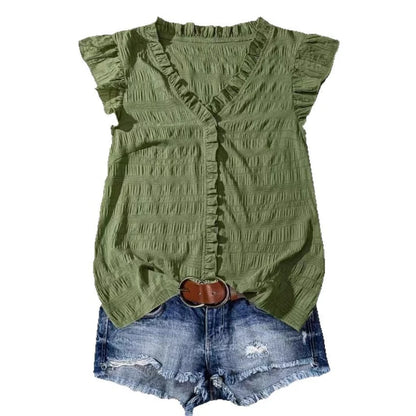 New Women's V-neck Ruffled Short-sleeve Blouse Loose