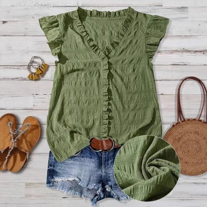 New Women's V-neck Ruffled Short-sleeve Blouse Loose
